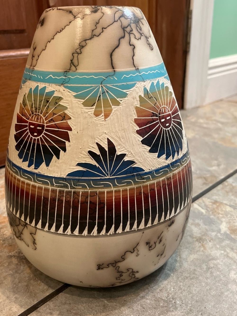 Southwestern-Inspired Horse Hair Ceramic Vase with Multicolor Sunburst Pattern